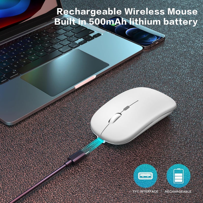AOLIKOKO فأرة بلوتوث لاسلكية قابلة لإعادة الشحن للكمبيوتر المحمول (بلوتوث 5.2 و USB 2.4G) اتصال مزدوج صامت نحيف لفأرة الكمبيوتر للكمبيوتر المحمول / جهاز iPad اللوحي / Apple MacBook / PC (أبيض ساطع) - Image 3